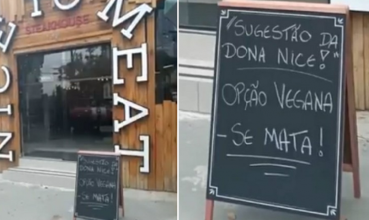 Churrascaria em Santos gera polêmica com placa: ‘Opção vegana: se mata’